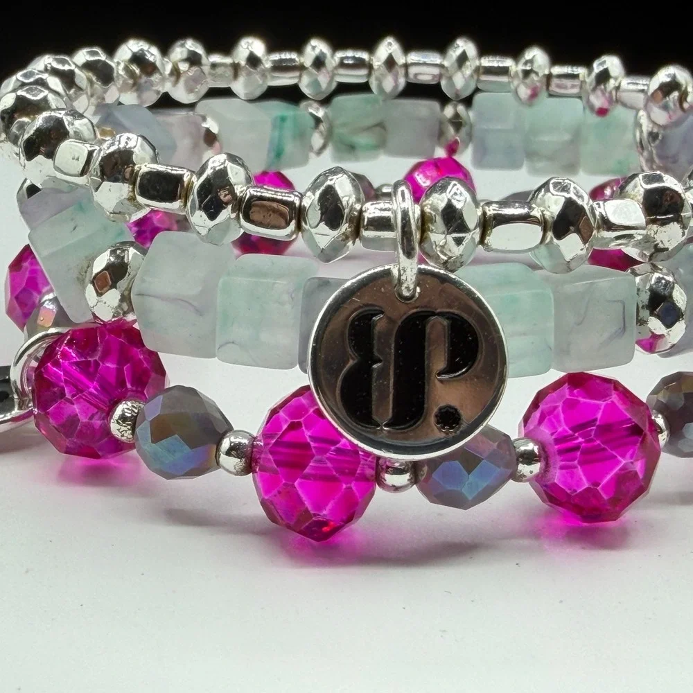 3 Pc Stretch Bracelet Set Pink Crystal Fluorite Beads Roller Skate Charm Boho